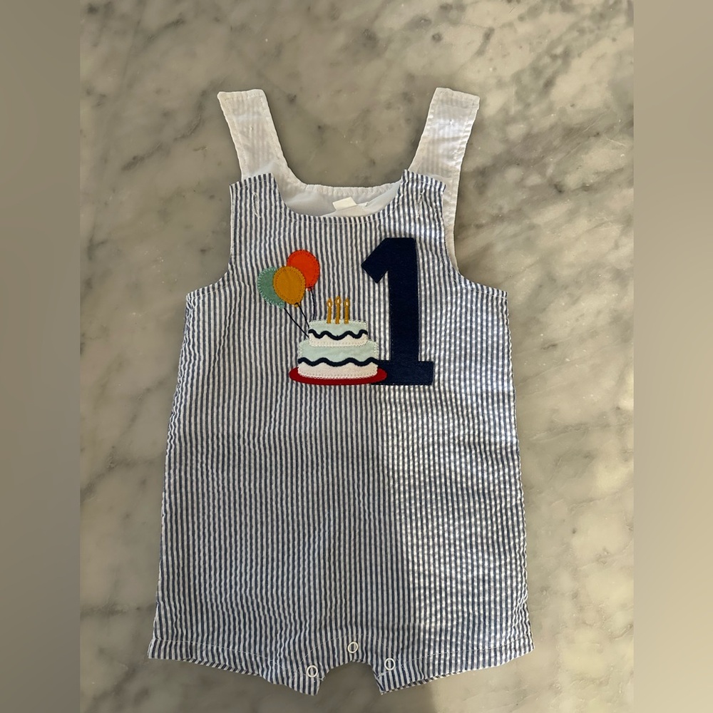 Striped Birthday Romper with Cake and Balloons